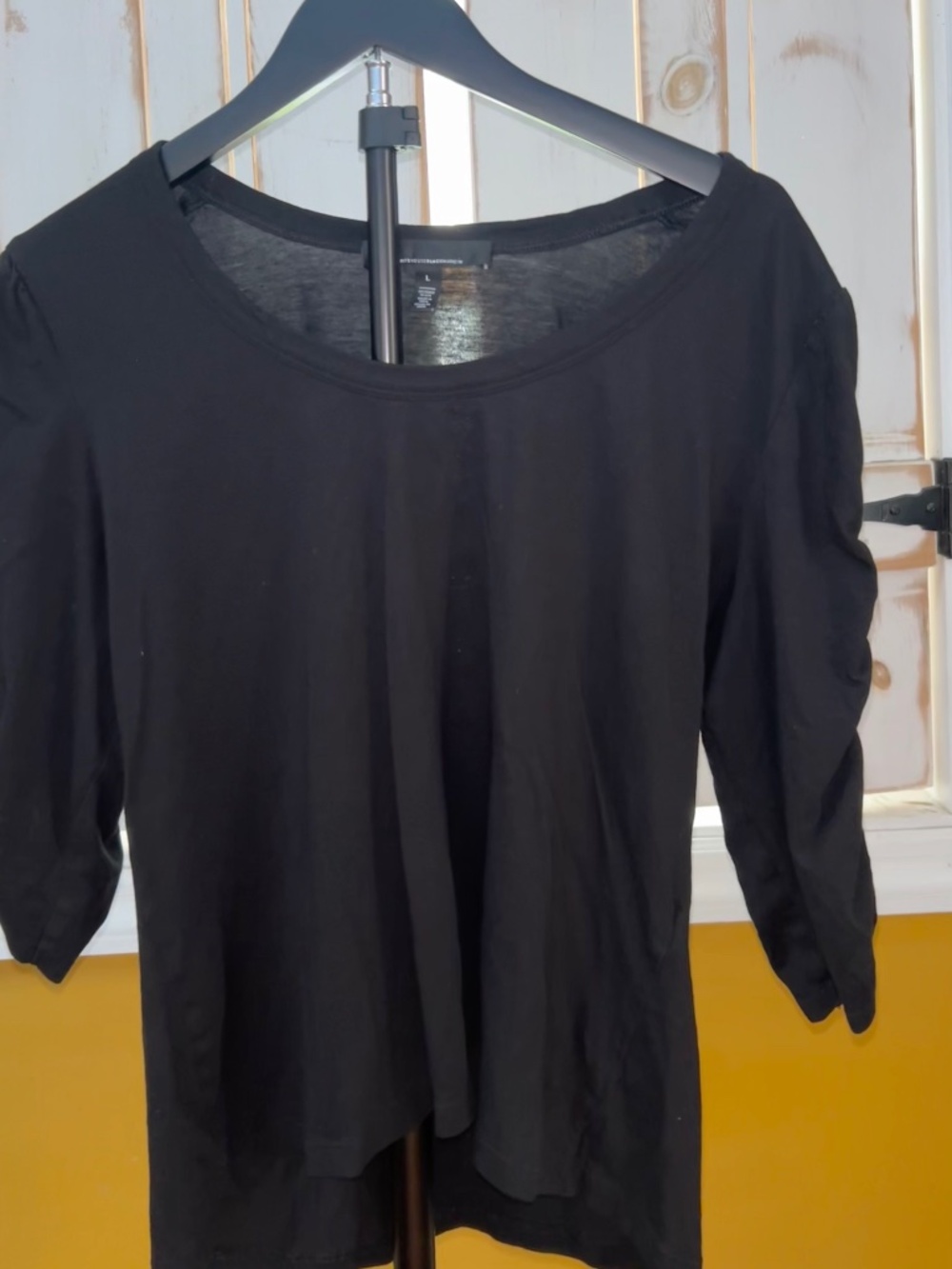 WHBM Black Ruched Sleeve Top Large White House Black Market 3/4 Sleeve